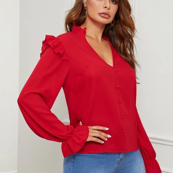 Ruffle Trim Button Front Blouse - Picture 3 of 8